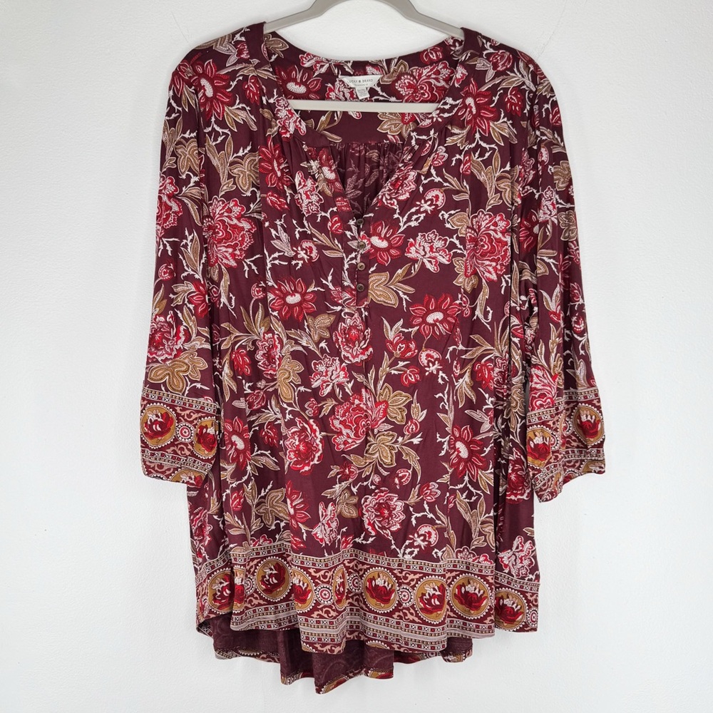 Lucky Brand Burgundy Maroon Fall Autumn Floral Blouse Women’s Size 3X